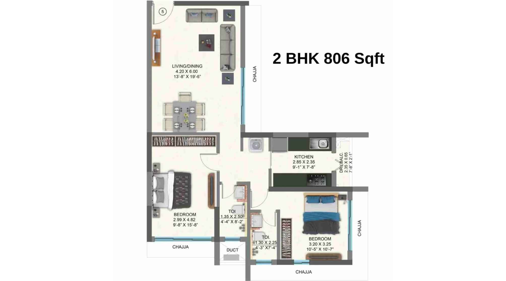 Raheja-Ascencio-Floor-Plan-2-BHK-806-Sqft