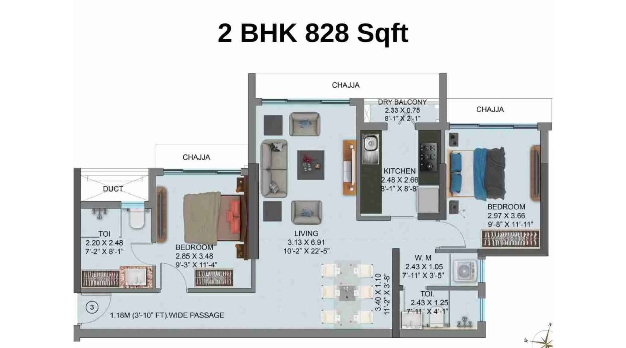 Raheja-Ascencio-Floor-Plan-2-BHK-828-Sqft