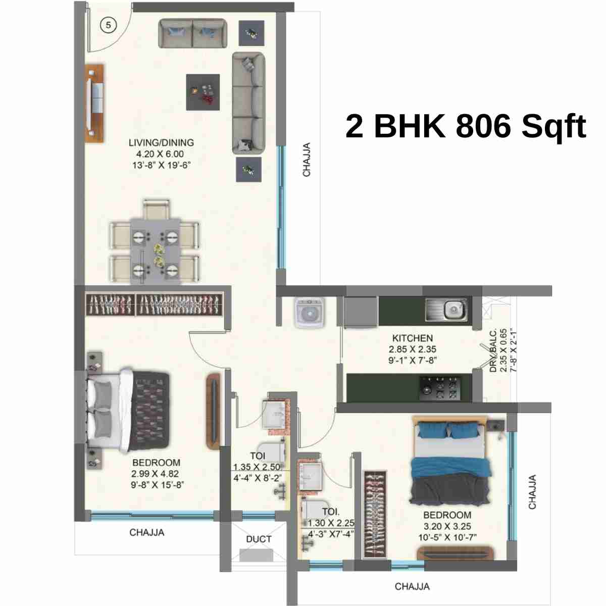 Raheja-Ascencio-Floor-Plan-2-BHK-806-Sqft