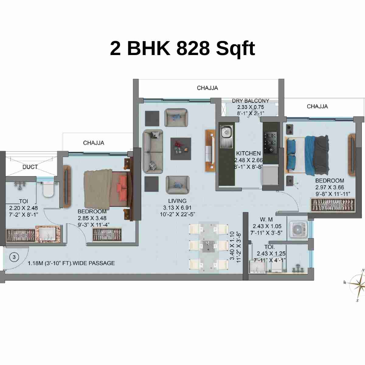 Raheja-Ascencio-Floor-Plan-2-BHK-828-Sqft